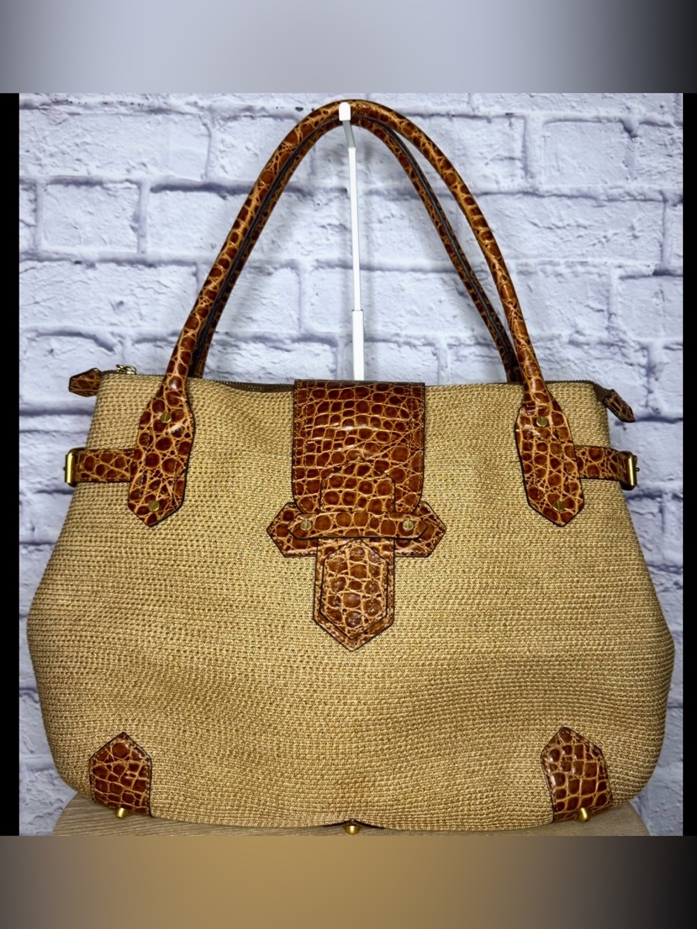 Eric Javits Squishee Vintage straw and croc-embossed leather satchel bag